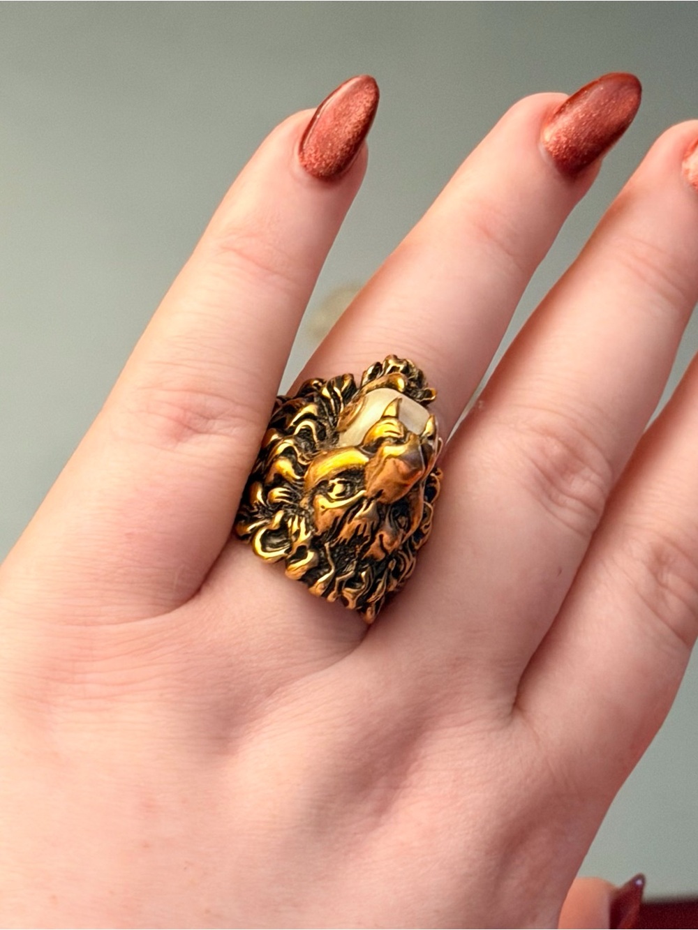 Gucci Gold Lion Head Statement Ring with Pearl Accent - Women Jewelry - Picture 5 of 7